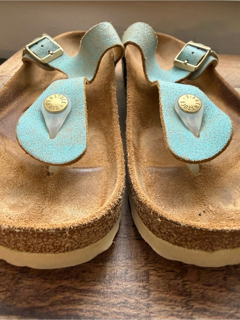 Birkenstock Gizeh Sandals Washed Metallic Aqua Leather Thong Cork Footbed  37